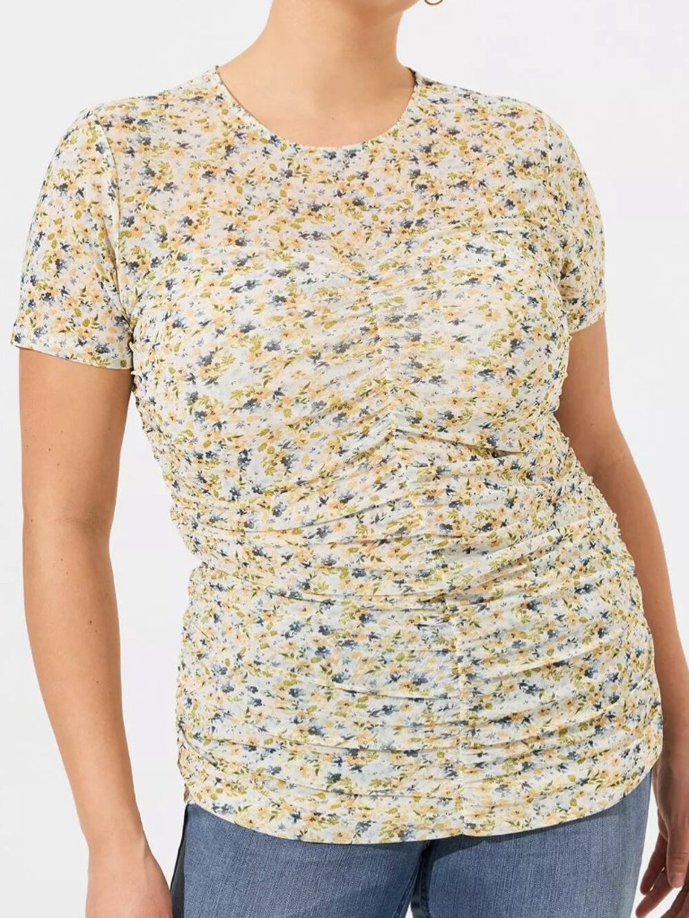 NEW NWT TORRID 2 Plus Size Stretch Mesh Crew Neck Ruched Top White Blue Floral